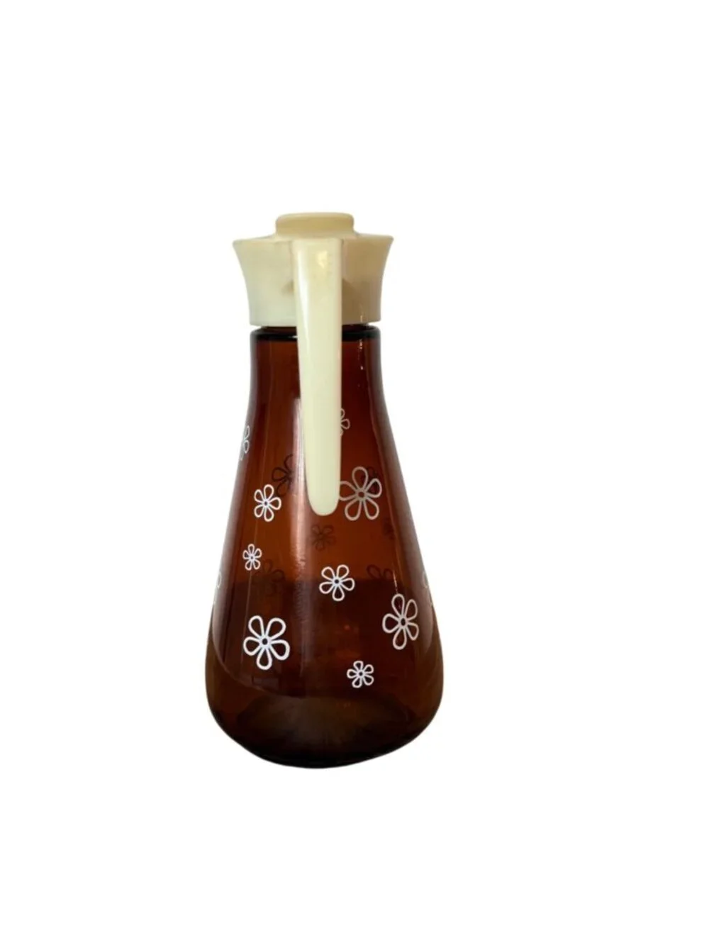 Thatcher Syrup Dispenser Amber Glass Daisy 16 Oz VTG 60s MCM Pitcher Retro Decor